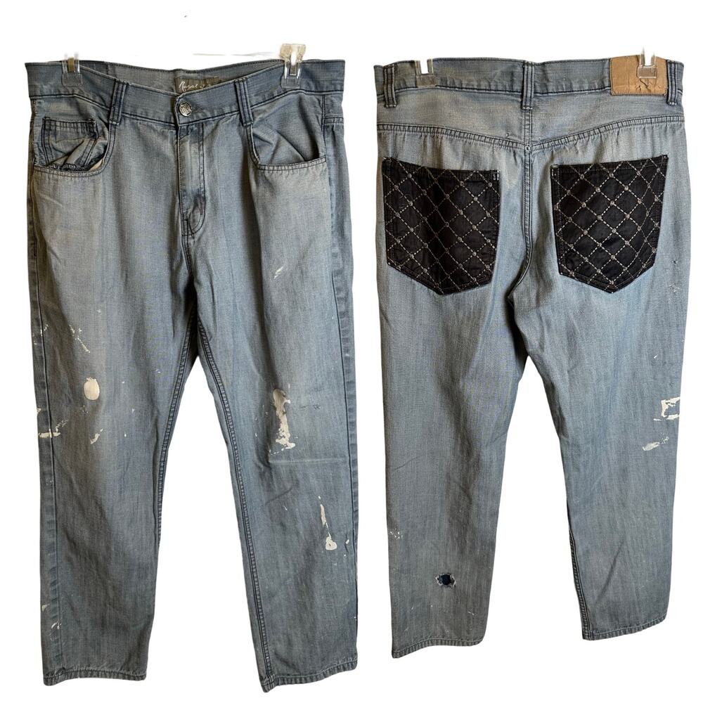 Distressed Y2K Royal Linx Straight Leg Jeans Quilted Black Pockets Men's Size 38